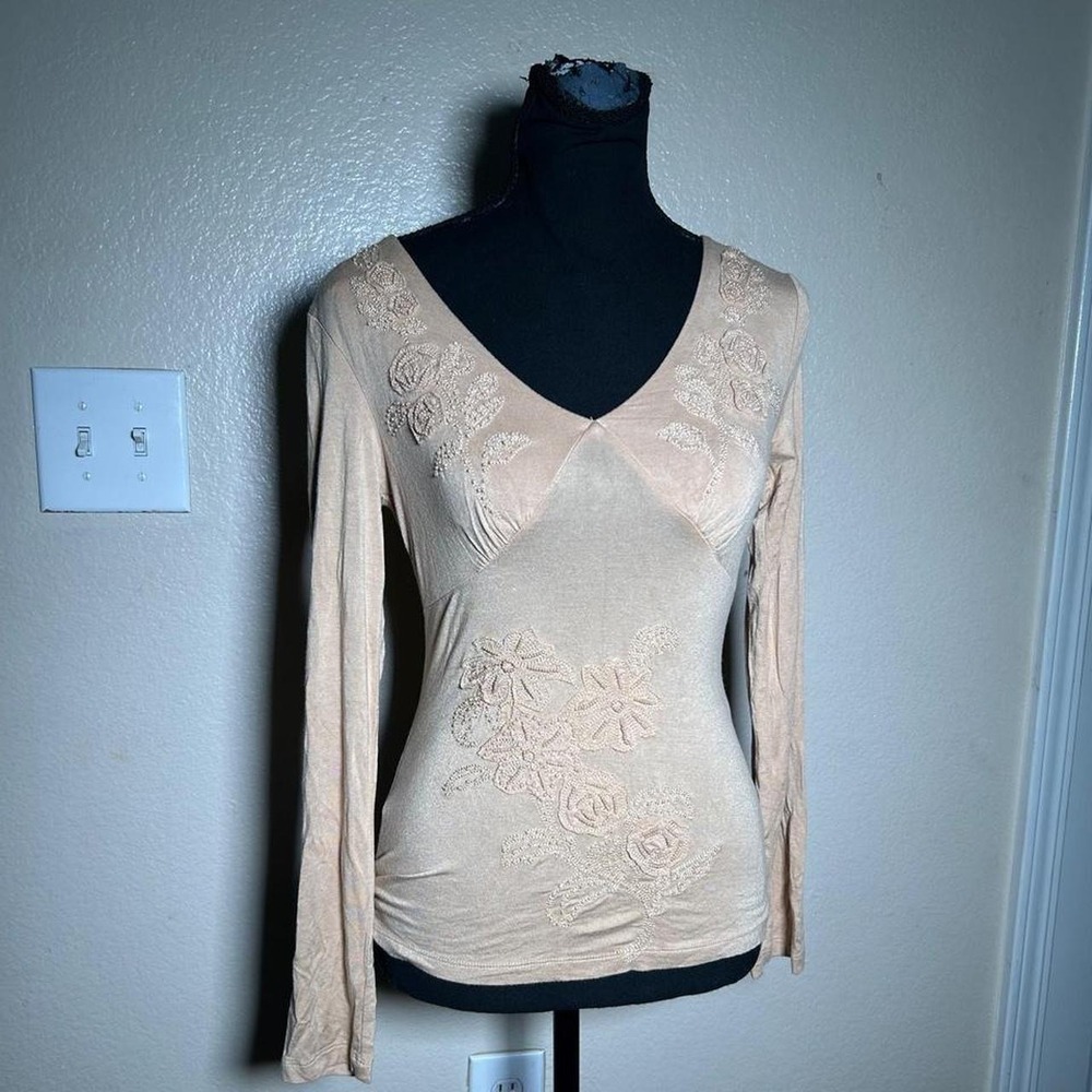 San Joy 2000s Beaded Floral V Neck Y2K Long Sleeve Top Tan Small
